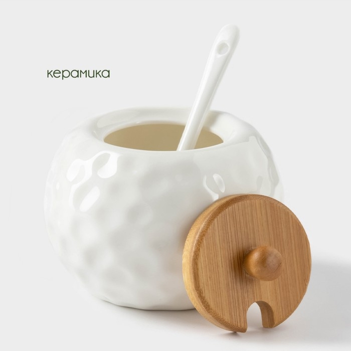 Банки для хранения сыпучих продуктов на деревянной подставке BellaTenero, 4 предмета: 2 банки 250 мл, 9,5&times;15 см, 2 ложки, керамические, цвет белый