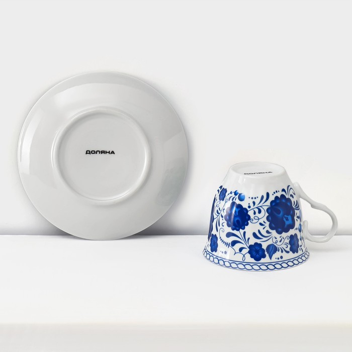 Сервиз керамический чайный Доляна &laquo;Русский узор&raquo;,13 предметов на подставке: 6 чашек 210 мл, 6 блюдец, чайник