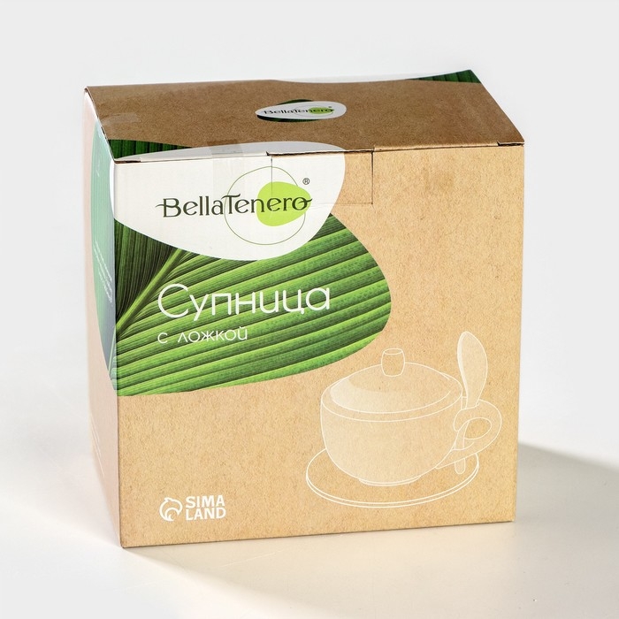 Супница фарфоровая с ложкой на бамбуковой подставке BellaTenero, 450 мл, 15&times;11,5&times;7,5 см, цвет белый