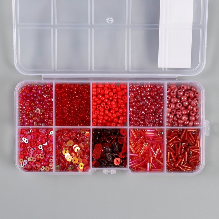 Бисер стекло 6/0, 12/0 в шкатулке Бисер стекло 6/0, 12/0 в шкатулке "Алый" стеклярус и пайетки 12,5х6,5х2 см