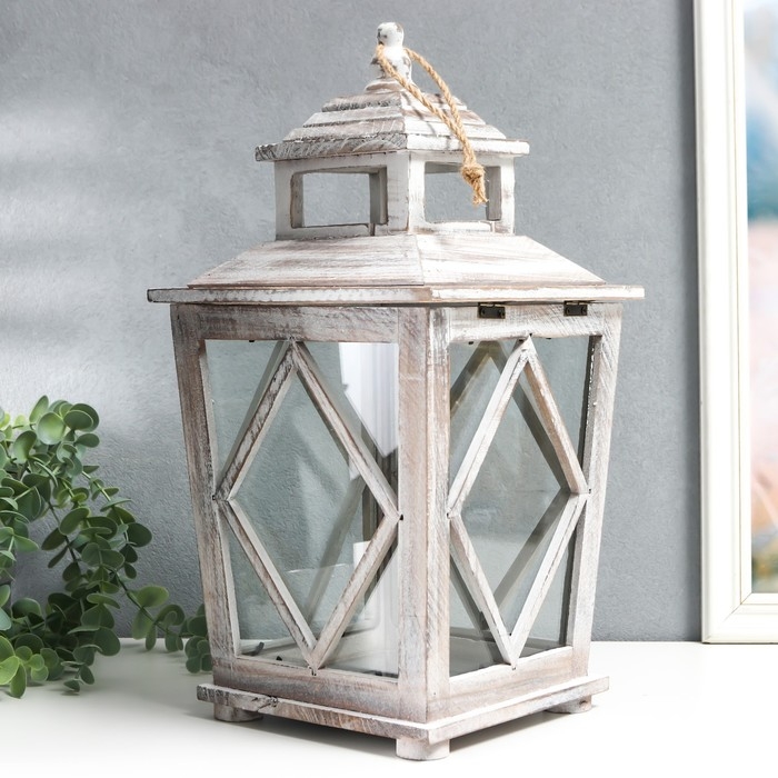 Подсвечник дерево на 1 свечу Подсвечник дерево на 1 свечу "Ромб на фонарике" коричневый состаренный 40х20х17 см