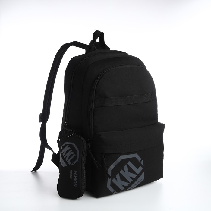 Рюкзак школьный из текстиля на молнии, 3 кармана, сумка, держатель для чемодана, цвет чёрный