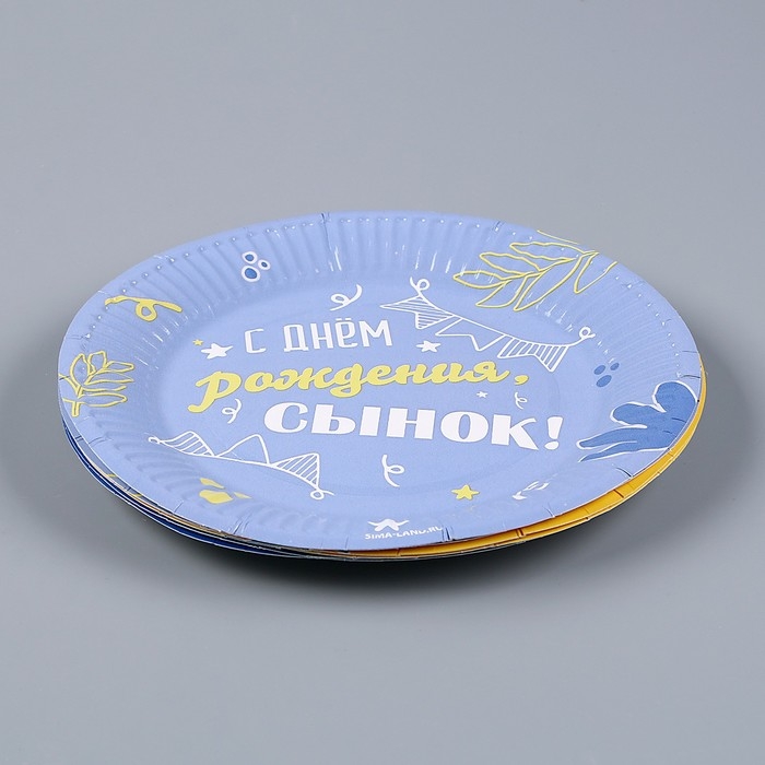 Набор бумажной посуды одноразовый С днём рождения, сынок&raquo;: 6 тарелок, 1 гирлянда, 6 стаканов, 6 колпаков