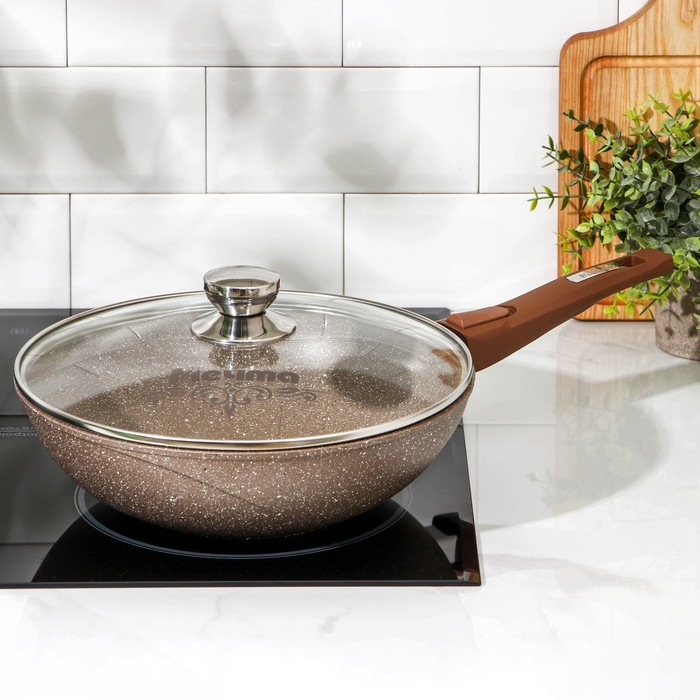 Сковорода &laquo;Гранит Brown&raquo;, d=28 см, съёмная ручка, стеклянная крышка, антипригарное покрытие, цвет коричневый