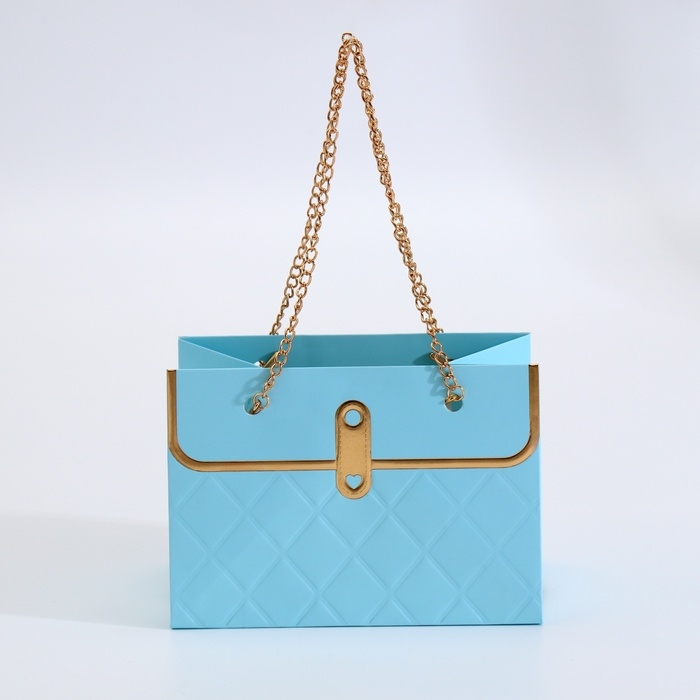 Пакет для цветов, ручка цепь, "Лазурный", с золотым тиснением, 15 х 10,5 х 10 см