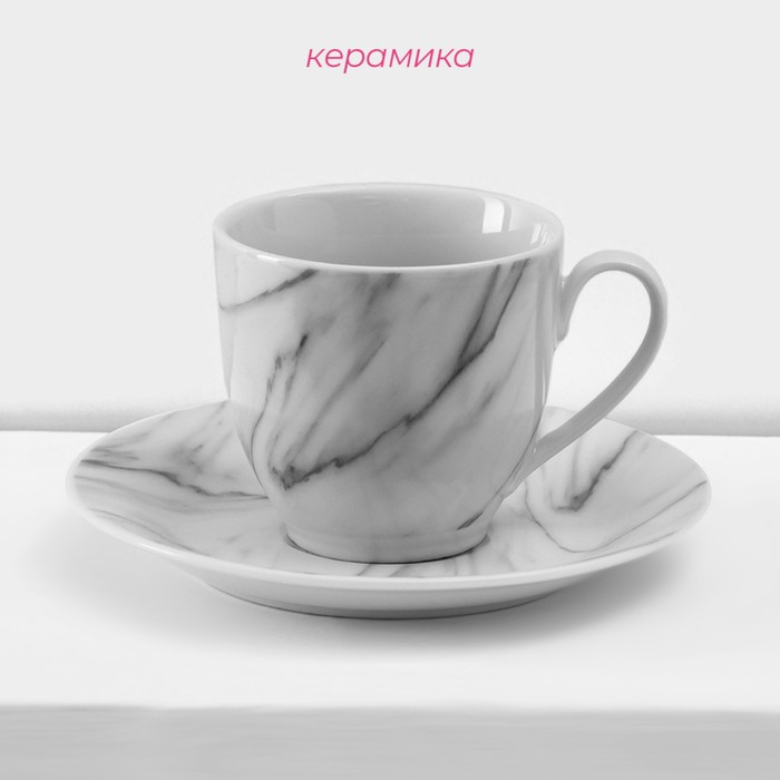 Набор керамической посуды Доляна &laquo;Мрамор&raquo;, 24 предмета: тарелки d=19/21/24 см, чайная пара 200 мл, цвет серый