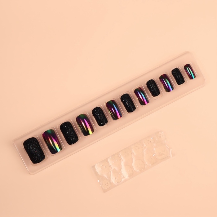 Накладные ногти &laquo;Ночь&raquo;, 12 шт, с блёстками и голографией, с клеевыми пластинами, форма мягкий квадрат, чёрные