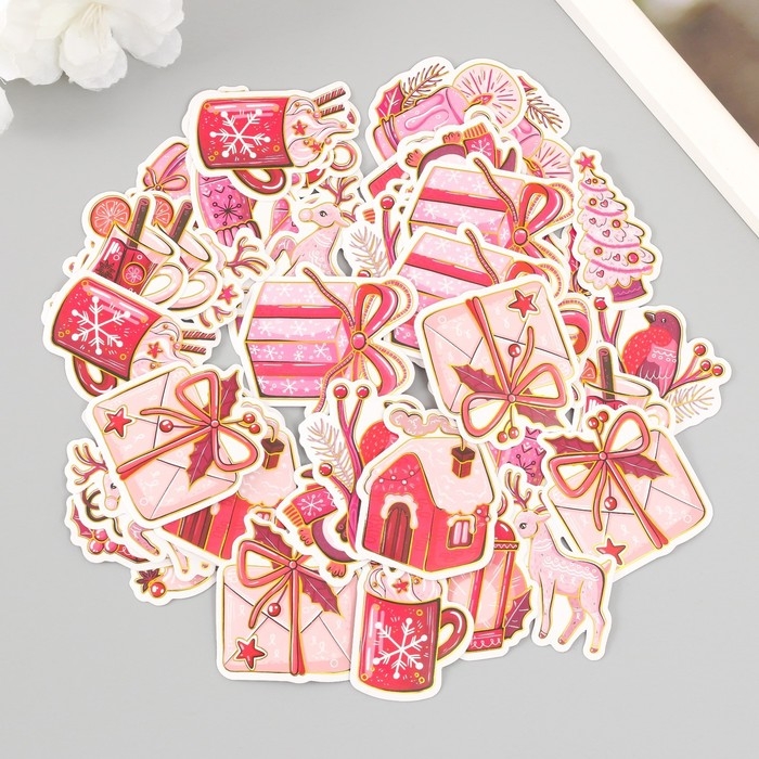 Наклейки для творчества "Новый год в розовых оттенках" тиснение золото набор 48 шт 9х7х0,8см   10177