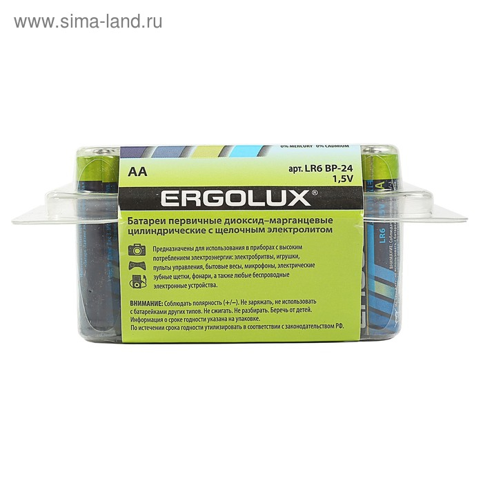 Батарейка алкалиновая Ergolux, AA, LR6-24BOX (LR6 BP-24), 1.5В, набор 24 шт.