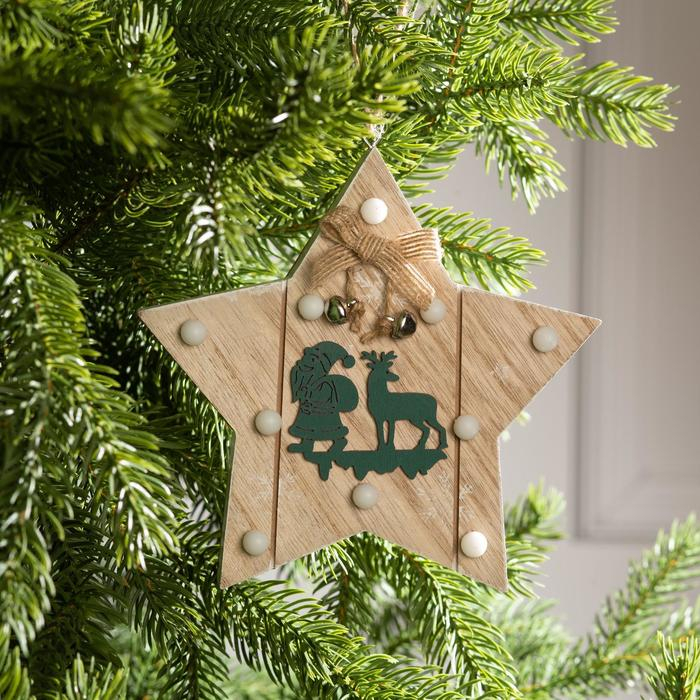 Ёлочная игрушка &laquo;Звезда с Дедом Морозом и оленем&raquo;, от батареек, свечение тёплое белое