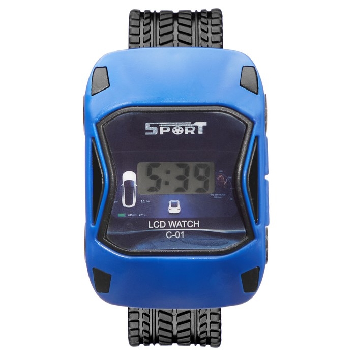 Часы наручные электронные, детские, "Гоночная машинка", ремешок силикон, 22 см, синие