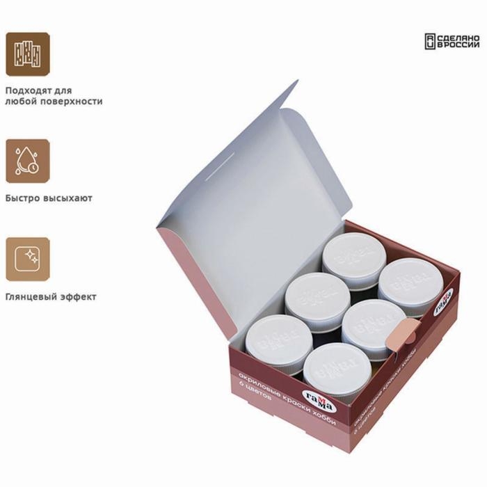 Краска акриловая, набор 6 цветов х 20 мл, Гамма Краска акриловая, набор 6 цветов х 20 мл, Гамма "Хобби", морозостойкая, глянцевая, 3012196