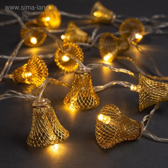 Гирлянда &laquo;Нить&raquo; 4 м с насадками &laquo;Колокольчик&raquo;, IP20, прозрачная нить, 20 LED, свечение тёплое белое, 8 режимов, 220 В