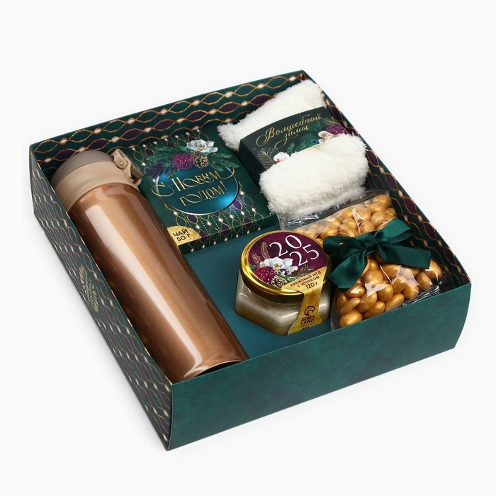 Подарочный набор «Веселья в новом году»: чай со вкусом тропические фрукты 50 г., крем-мед с черникой 120 г., носки р-р: 36–39, термос 500 мл. Подарочный набор «Веселья в новом году»: чай со вкусом тропические фрукты 50 г., крем-мед с черникой 120 г., носки р-р: 36–39, термос 500 мл.