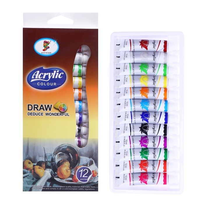 Краски акриловые, 12 цветов, в пластиковой тубе, 12 мл, в картонной коробке Краски акриловые, 12 цветов, в пластиковой тубе, 12 мл, в картонной коробке