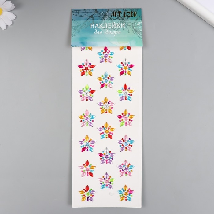 Наклейка пластик стразы "Пятиконечные цветы" МИКС 10,7х32 см