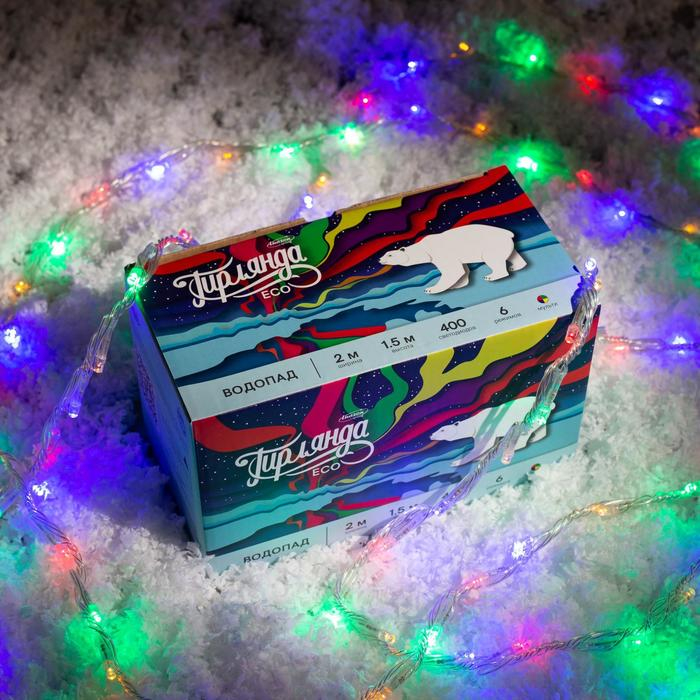 Гирлянда &laquo;Водопад&raquo; 2 &times; 1.5 м, IP20, прозрачная нить, 400 LED, свечение мульти, 8 режимов, 220 В