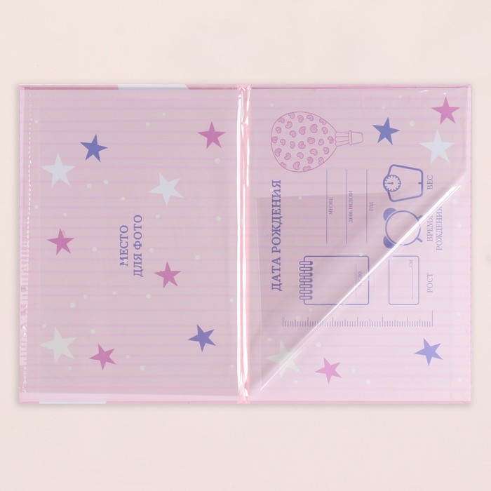Папка под свидетельство о рождении "Коллаж " радуга, розовый фон, А5
