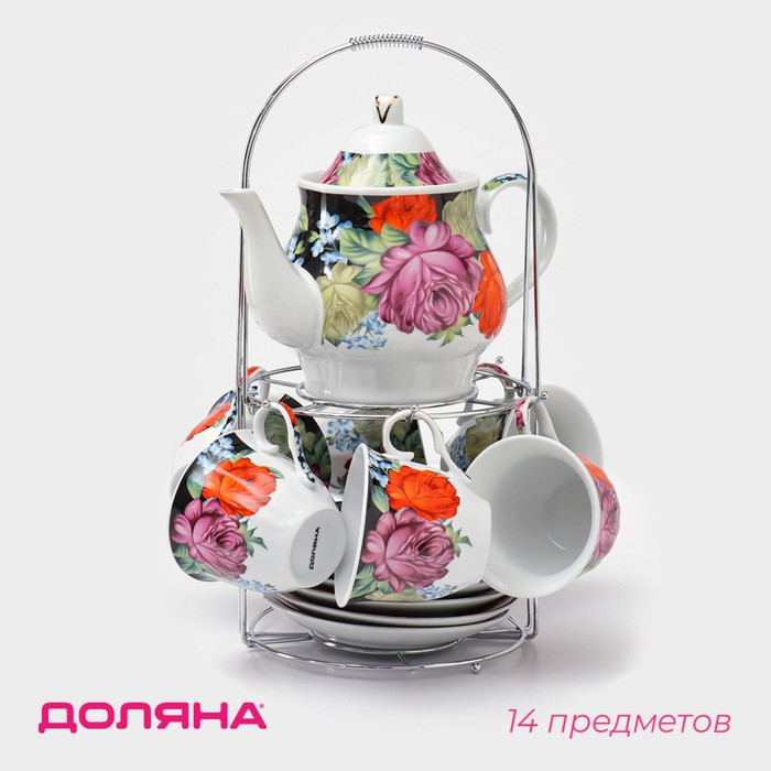 Сервиз чайный керамический на металлической подставке Доляна &laquo;Роспись&raquo;, 13 предметов: 6 чашек 210 мл, 6 блюдец d=14 см, чайник 1 л