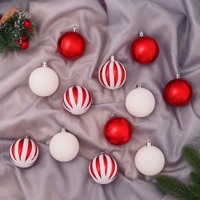 Набор шаров пластик d-6 см, 12 шт Набор шаров пластик d-6 см, 12 шт "Агнет" полосы, красно-белый