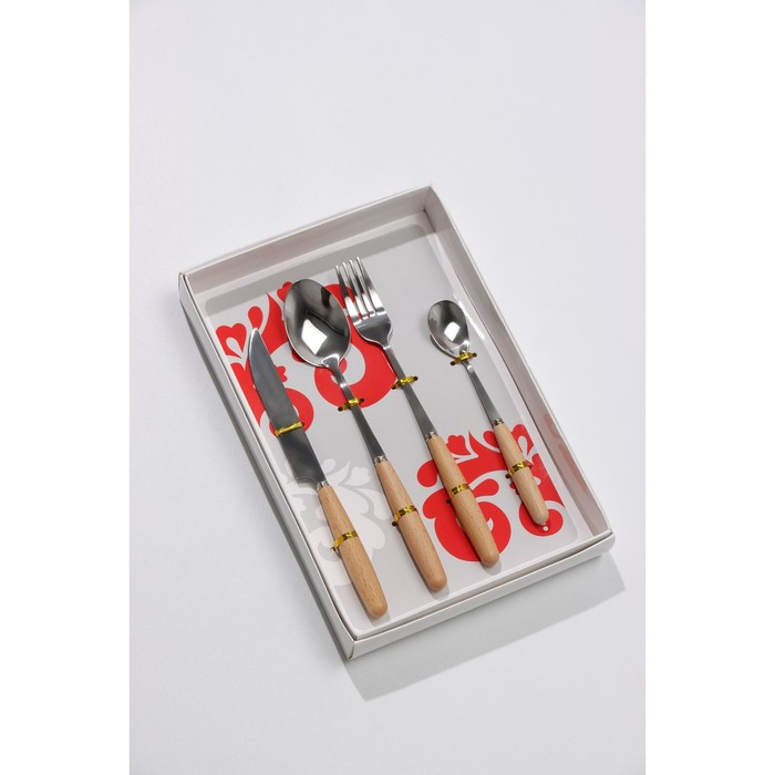 Набор столовых приборов из нержавеющей стали Доляна Wood, 4 предмета, цвет металла серебряный Набор столовых приборов из нержавеющей стали Доляна Wood, 4 предмета, цвет металла серебряный