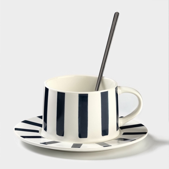 Чайная пара &laquo;Линии&raquo;, 220 мл, с ложкой, блюдце d=15 см, кружка 9,5&times;7,5&times;7 см, керамика