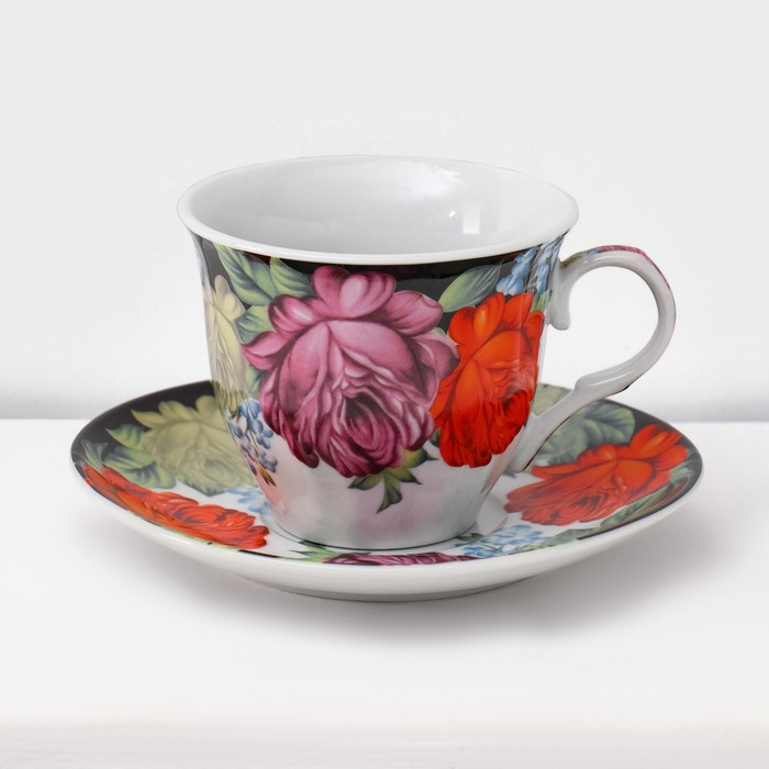 Сервиз чайный керамический на металлической подставке Доляна &laquo;Роспись&raquo;, 13 предметов: 6 чашек 210 мл, 6 блюдец d=14 см, чайник 1 л