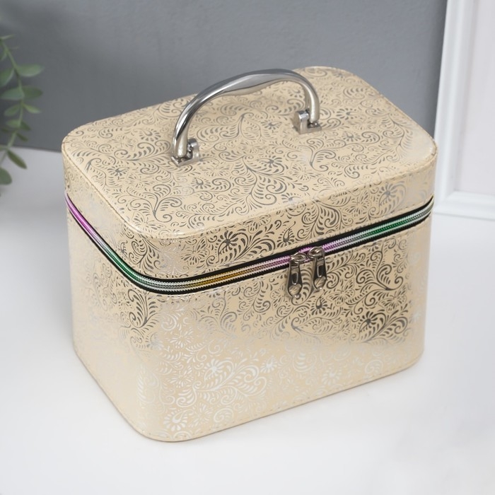 Шкатулка кожзам с зеркалом "Узоры, бабочки" беж н-р 3 шт 19х10,5х10,5 21х13х14 15х23х17см