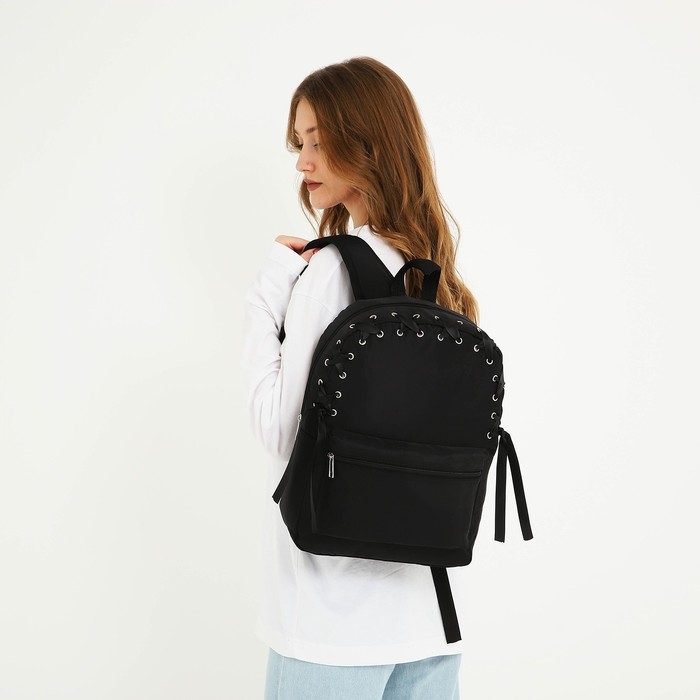 Рюкзак школьный текстильный с лентой, 38х29х11 см,цвет чёрный, отдел на молнии