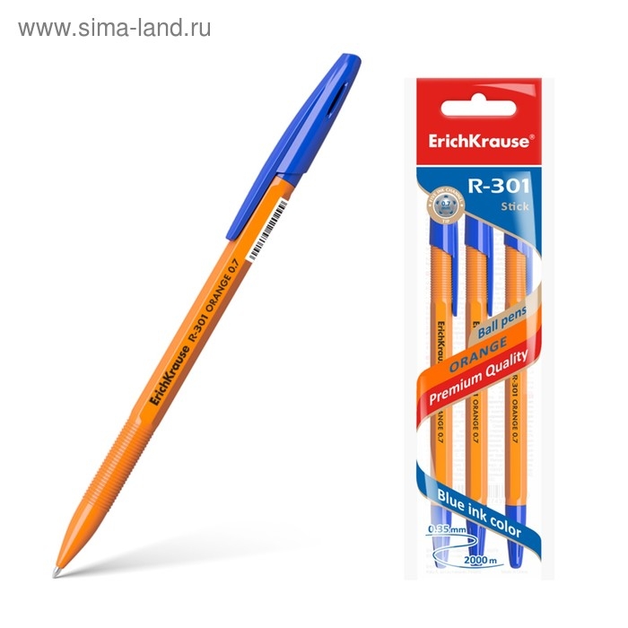 Набор ручек шариковых 3 штуки ErichKrause R-301 Orange Stick, узел 0.7 мм, чернила синие, длина линии письма 2000 метров, европодвес Набор ручек шариковых 3 штуки ErichKrause R-301 Orange Stick, узел 0.7 мм, чернила синие, длина линии письма 2000 метров, европодвес