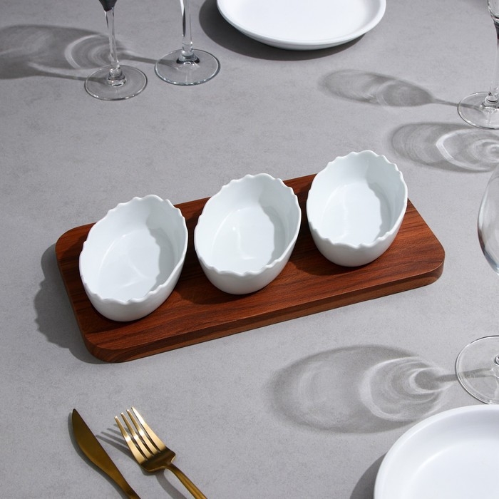 Менажница «Морская», 3 шт: 200 мл, деревянное основание, фарфор, Иран Менажница «Морская», 3 шт: 200 мл, деревянное основание, фарфор, Иран