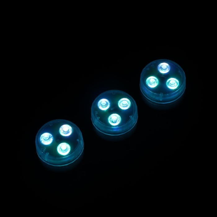 Светильник водонепроницаемый мини, 3 x 1.9 см, 3 шт, от CR2032 (в компл.), пульт, RGB, IP68 Светильник водонепроницаемый мини, 3 x 1.9 см, 3 шт, от CR2032 (в компл.), пульт, RGB, IP68