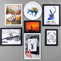 Фоторамка пластик на 7 фото+надпись+полочка "Family. Птицы" чёрно-белые набор 86х186 см