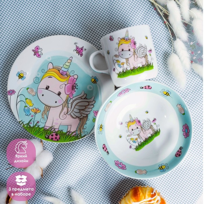 Набор детской посуды из керамики Доляна «Единорожка», 3 предмета: кружка 230 мл, миска 400 мл, тарелка d=18 см Набор детской посуды из керамики Доляна «Единорожка», 3 предмета: кружка 230 мл, миска 400 мл, тарелка d=18 см