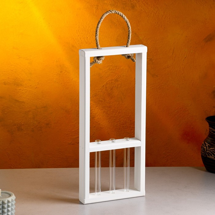 Кашпо деревянное 18&times;5&times;40 см с 3 колбами 15 см "Рамка Экстра", ручка, белый Дарим Красиво