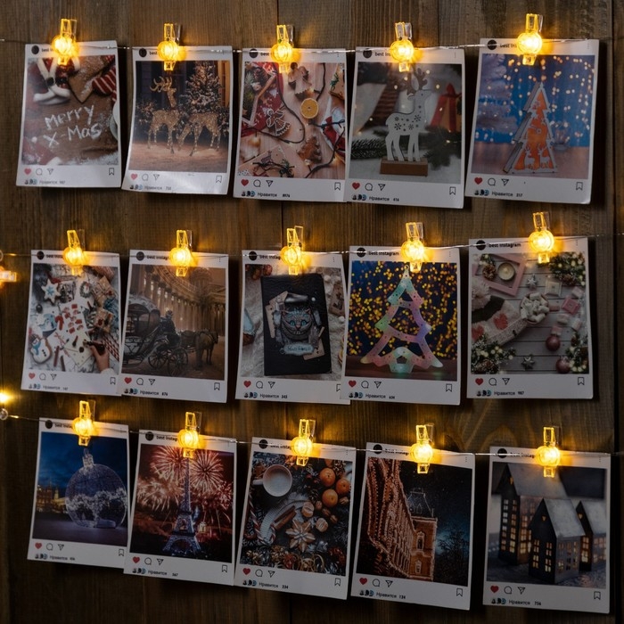 Гирлянда &laquo;Нить&raquo; 2 м роса с насадками &laquo;Прищепки-тыквы&raquo;, IP20, серебристая нить, 20 LED, батарейки ААх2 (нет в копмплекте), свечение тёплое белое