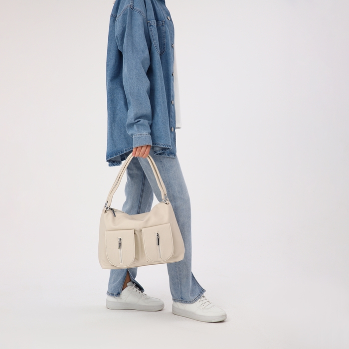 Сумка-тоут на молнии, 3 наружных кармана, цвет молочный Сумка-тоут на молнии, 3 наружных кармана, цвет молочный