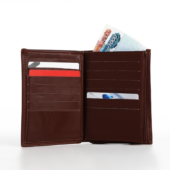 Портмоне мужское без застёжки, 3 в 1, отдел автодокументов, паспорта, карт, купюр, цвет коричневый