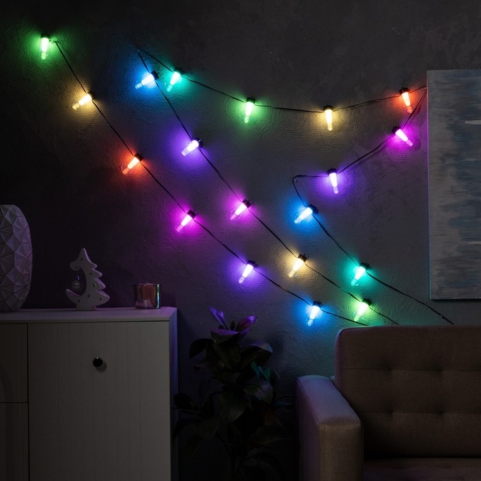 Умная гирлянда &laquo;Нить&raquo; 6 м с насадками &laquo;Лампочки&raquo;, IP20, тёмная нить, 20 LED, свечение RGB, USB