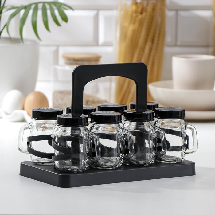 Набор для специй из стекла на подставке &laquo;Специи&raquo;, 120 мл, 7,5&times;5&times;8,5 см, 8 шт, цвет чёрный
