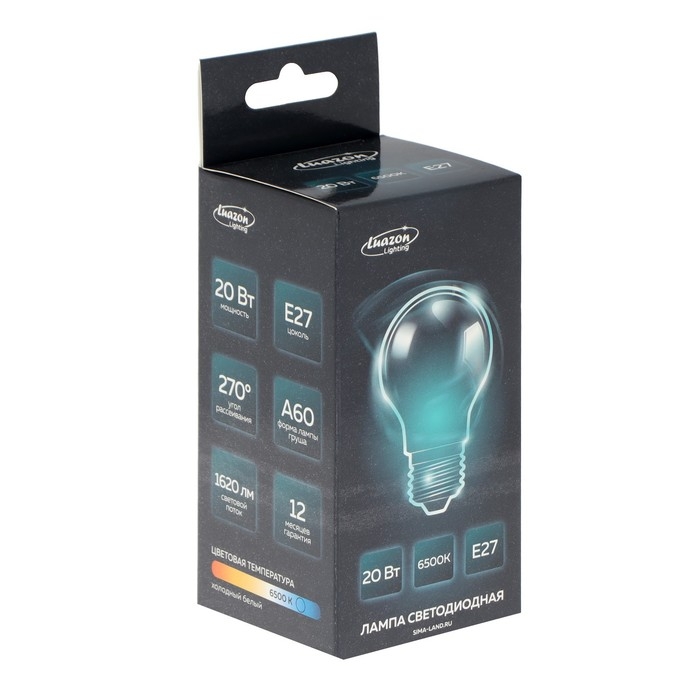 Лампа cветодиодная Luazon Lighting, A60, 20 Вт, E27, 1620 Лм, 6500 К, холодный белый Лампа cветодиодная Luazon Lighting, A60, 20 Вт, E27, 1620 Лм, 6500 К, холодный белый