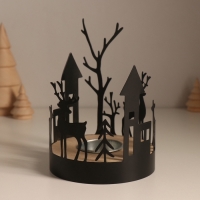 Подсвечник металл, дерево на 1 свечу "Домики и олени" d=4 см 10х10х13,8 см Подсвечник металл, дерево на 1 свечу "Домики и олени" d=4 см 10х10х13,8 см
