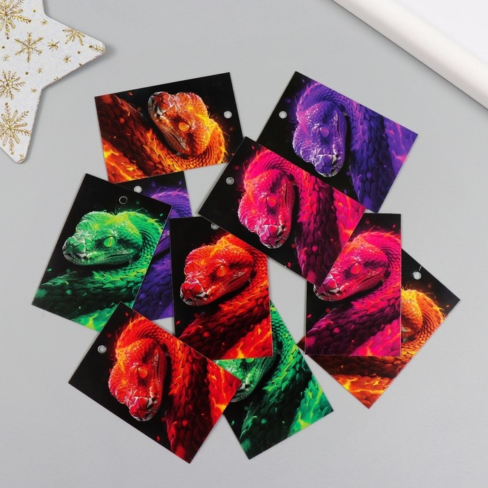Новогодняя бирка картон "Огненная змея" Новогодний набор 10 шт (5 видов) 4х6 см