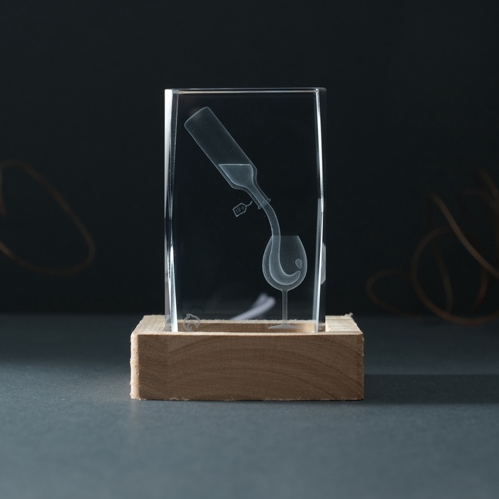 Сувенир стекло подсветка Сувенир стекло подсветка "Прямоугольник. Бокал и вино" подставка дерево, USB 7х7х10