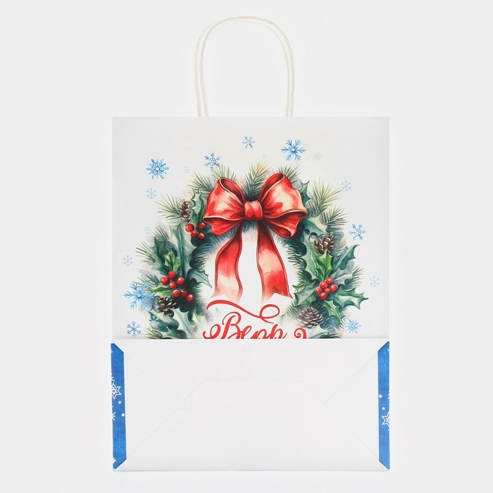 Новый год. Пакет бумажный подарочный новогодний крафт "Чудеса" 32 х 26 х 11 см.
