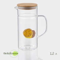 Кувшин для воды стеклянный мерный из стекла с бамбуковой крышкой BellaTenero &laquo;Эко. Фрукты&raquo;, 1,2 л, 14,5&times;9,5&times;22 см