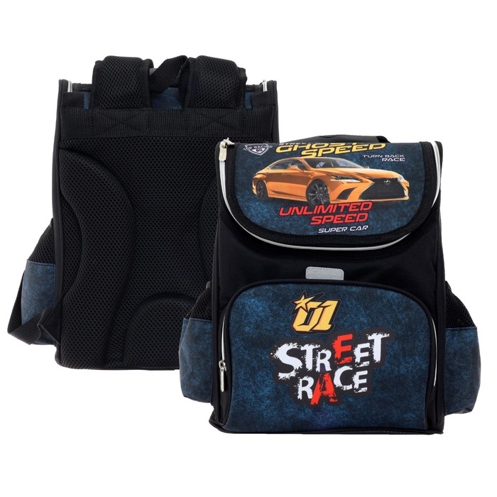 Ранец школьный Стандарт, 34 х 27 х 20 см, Attomex Lite Street Race, чёрный, синий Ранец школьный Стандарт, 34 х 27 х 20 см, Attomex Lite Street Race, чёрный, синий