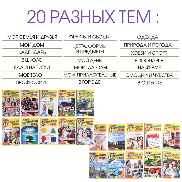 Карточки развивающие для изучения английского "Учим английские слова", 20 тем, 720 карточек