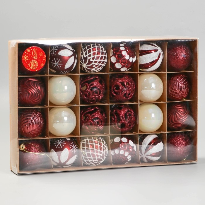 Набор шаров пластик d-6 см, 24 шт Набор шаров пластик d-6 см, 24 шт "Мелодия" ассорти люкс, бело-бордовый