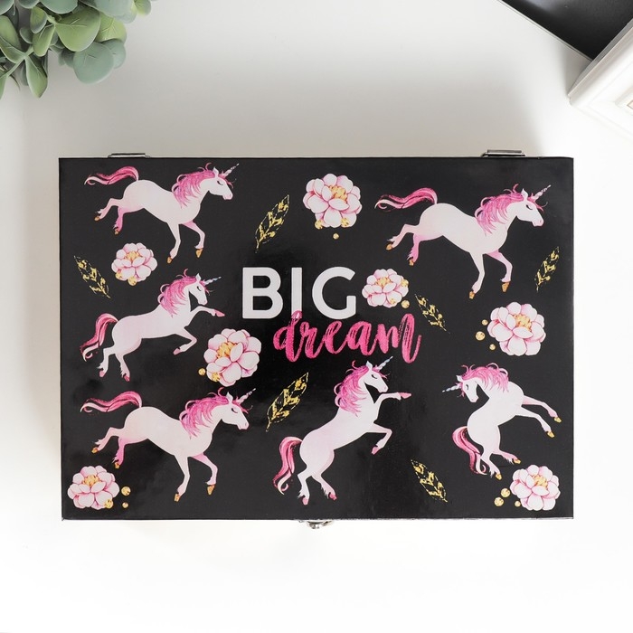 Шкатулка дерево "Розовые единороги на чёрном" кожзам глянец 5,5х24х17 см